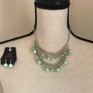 Mint green and silver necklace and earring set